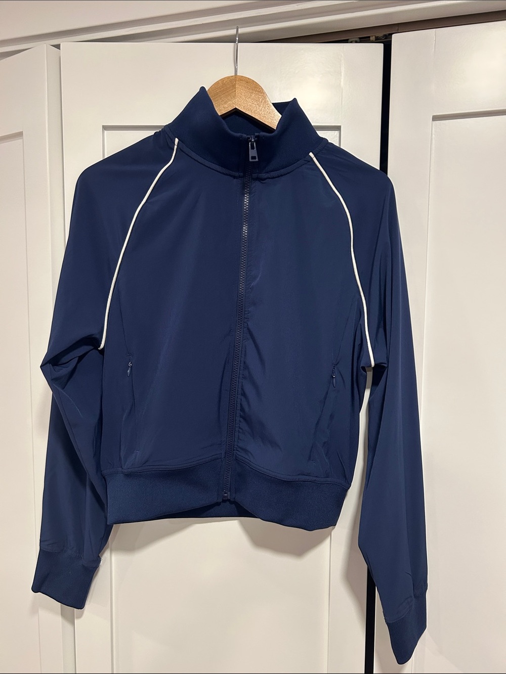 90 Degree By Reflex Navy Bomber-Style Track Jacket with White Piping